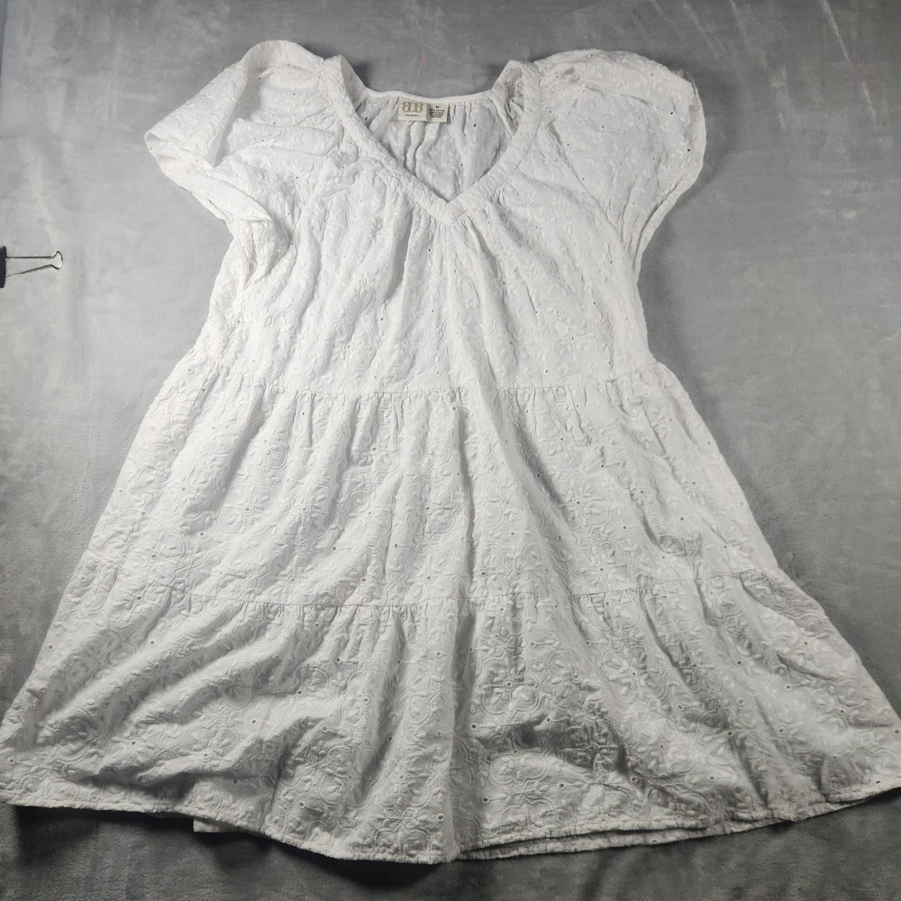 Boo Gemes White Eyelet Embroidered Ruffled Mini‎ Dress Women's Size M